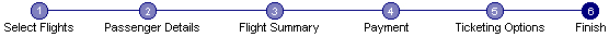 Select Flights - Passenger Details - Flight Summary - Payment - Ticketing Options - *Finish*