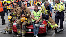 Rescue workers taking a break in Christchurch